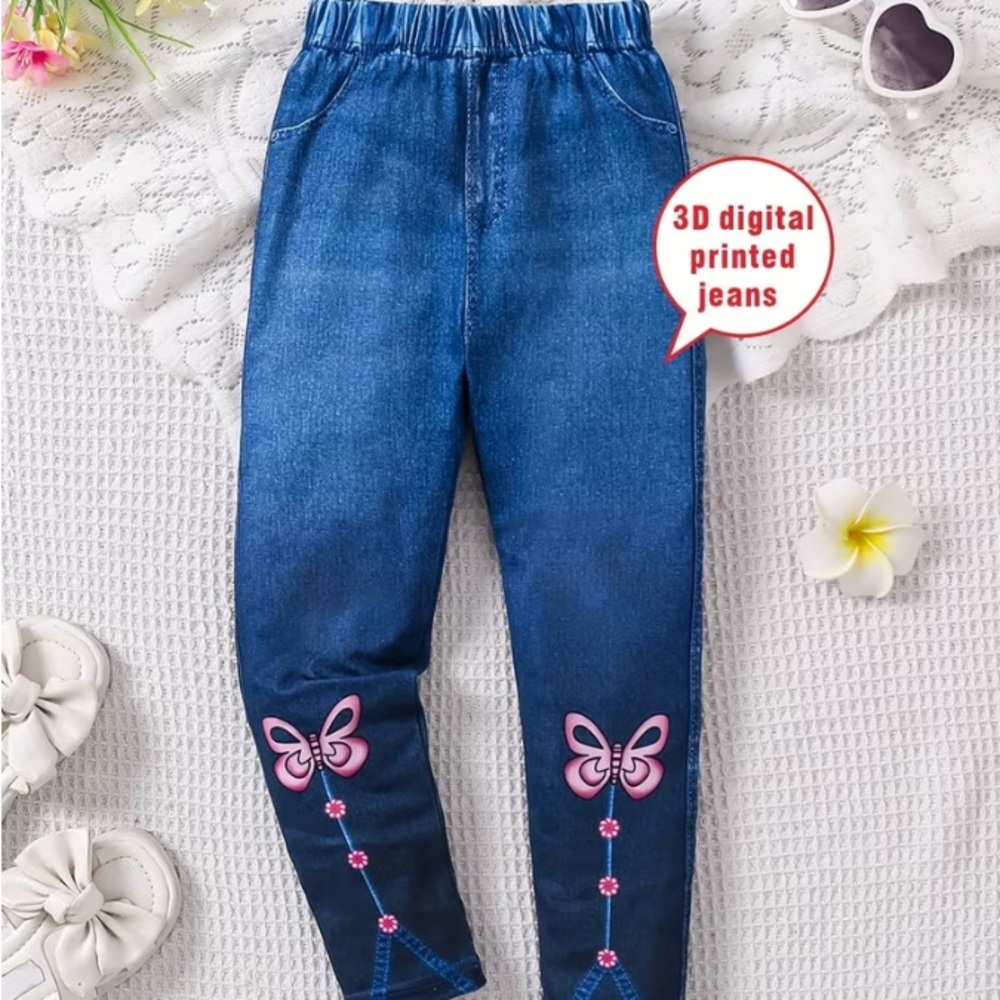 Girls Dark Blue Denim-Look Leggings with Pink Butterfly Detail